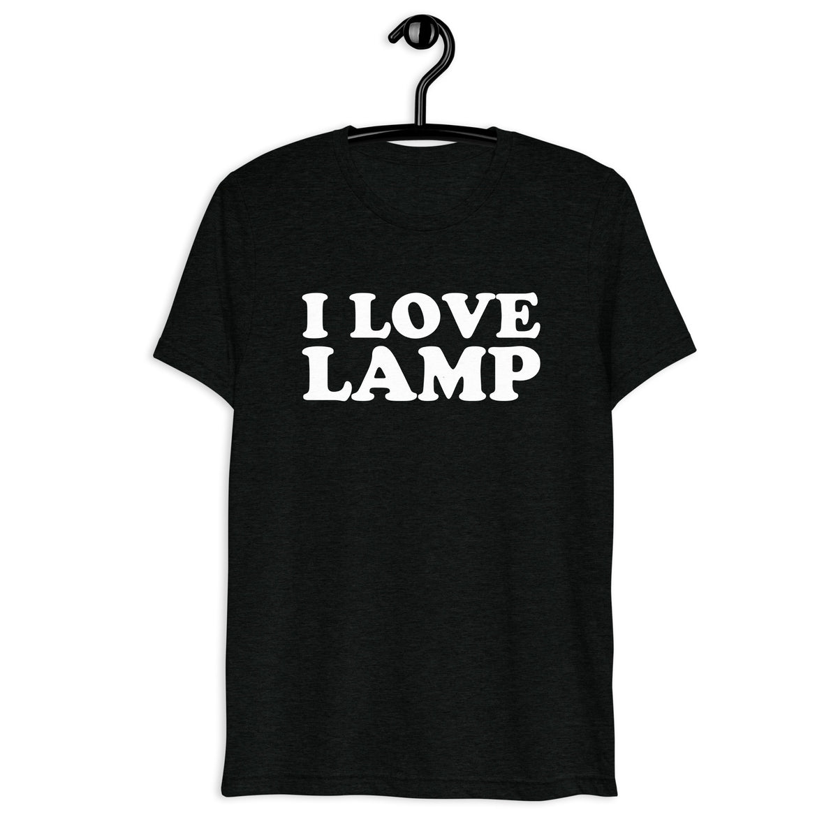 Front hanger mockup of the black tri-blend I Love Lamp quote T-shirt
