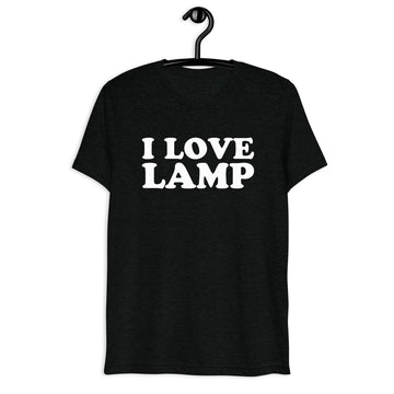 Front hanger mockup of the black tri-blend I Love Lamp quote T-shirt