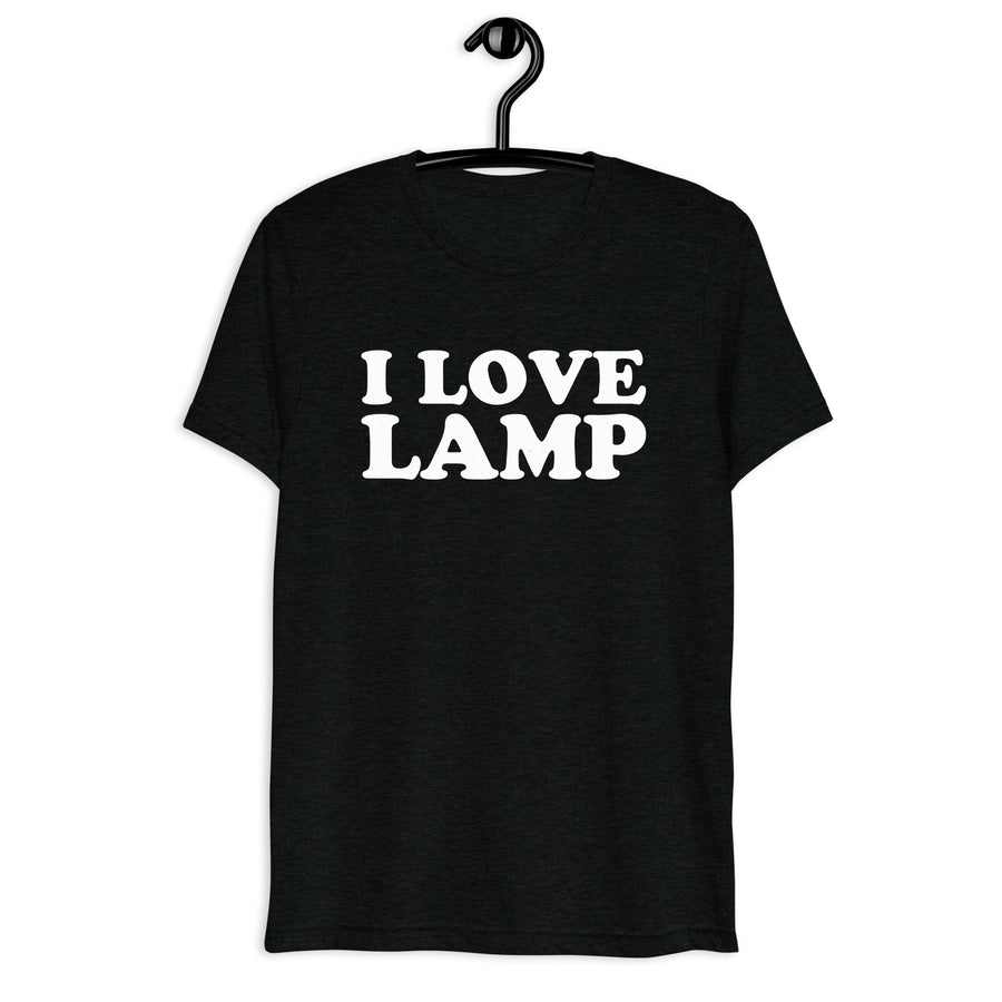 Front hanger mockup of the black tri-blend I Love Lamp quote T-shirt