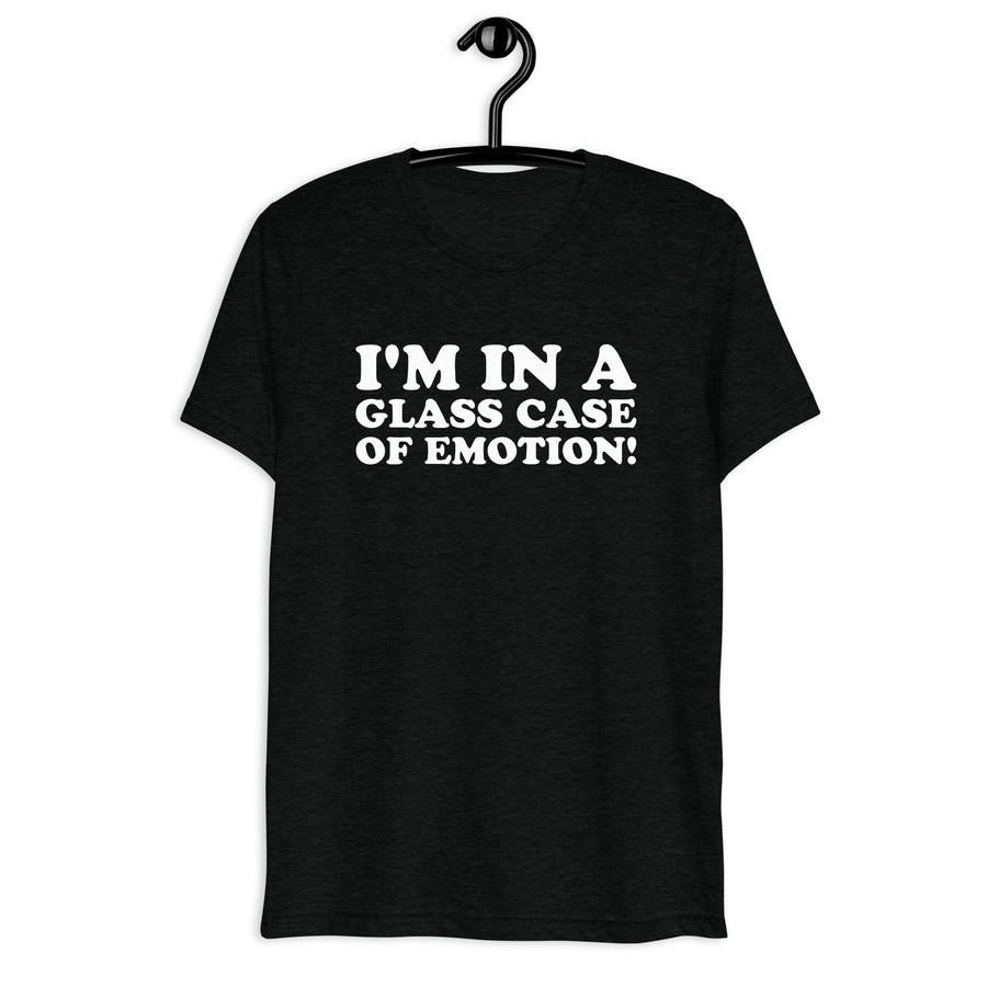 Front hanger mockup of the black tri-blend I'm in a Glass Case of Emotion quote T-shirt