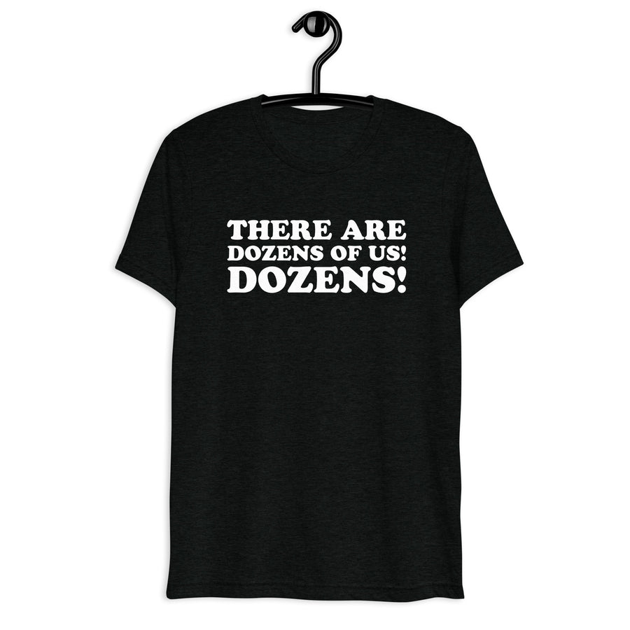 Black tri-blend There Are Dozens of Us! Dozens! quote t-shirt front hanger mockup