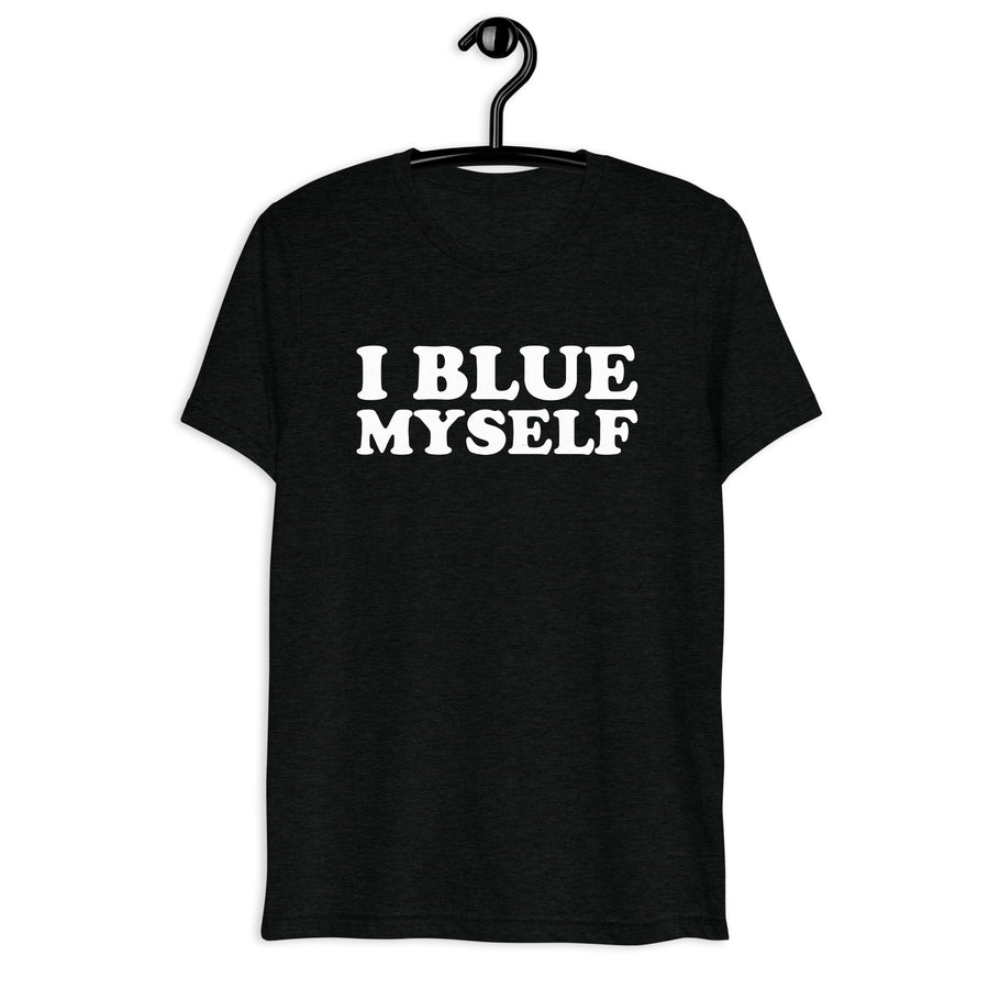 Front hanger mockup of the black tri-blend I Blue Myself quote T-shirt