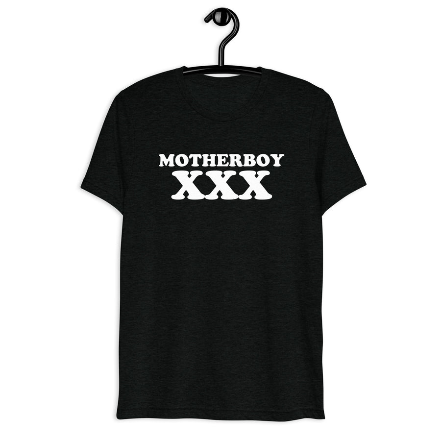 Front hanger view of black tri-blend quote shirt reading Motherboy XXX