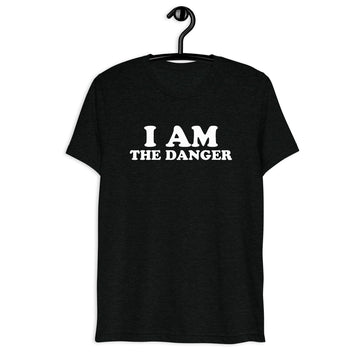 Front hanger view of black tri-blend quote shirt reading I Am the Danger