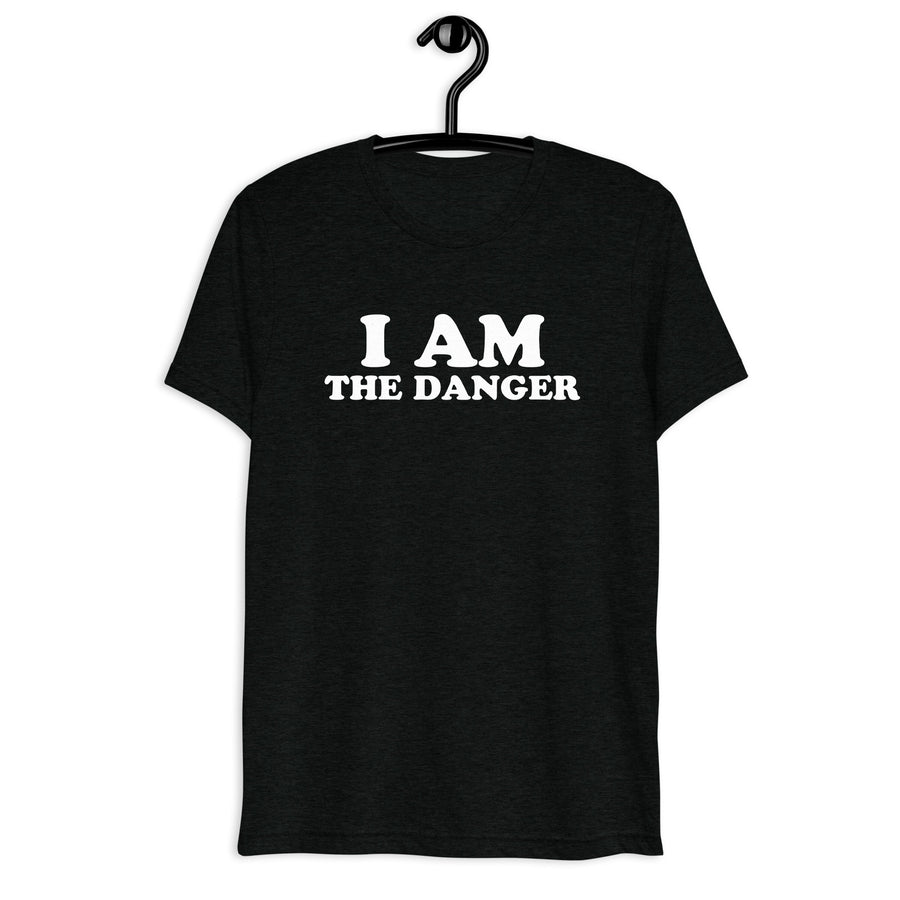 Front hanger view of black tri-blend quote shirt reading I Am the Danger