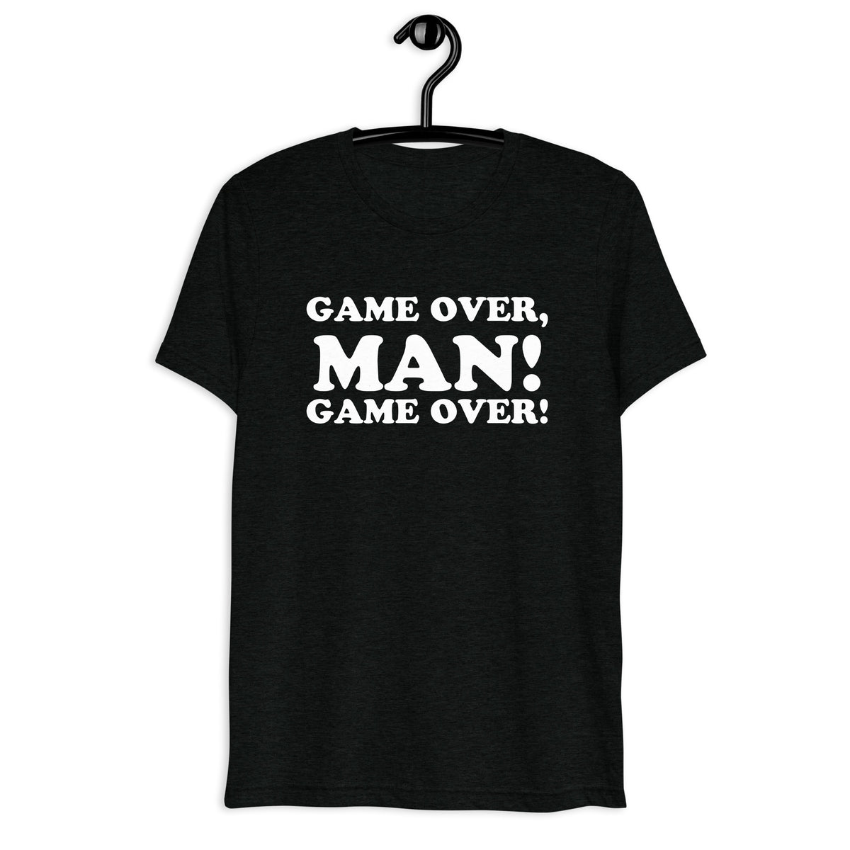 Front hanger view of black tri-blend quote shirt reading Game Over, Man! Game Over!