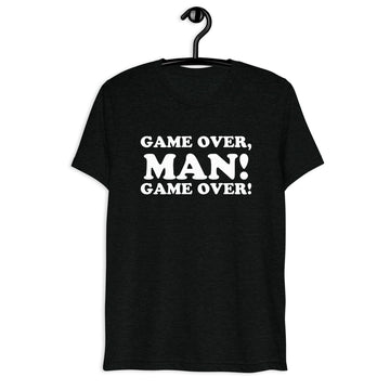 Front hanger view of black tri-blend quote shirt reading Game Over, Man! Game Over!