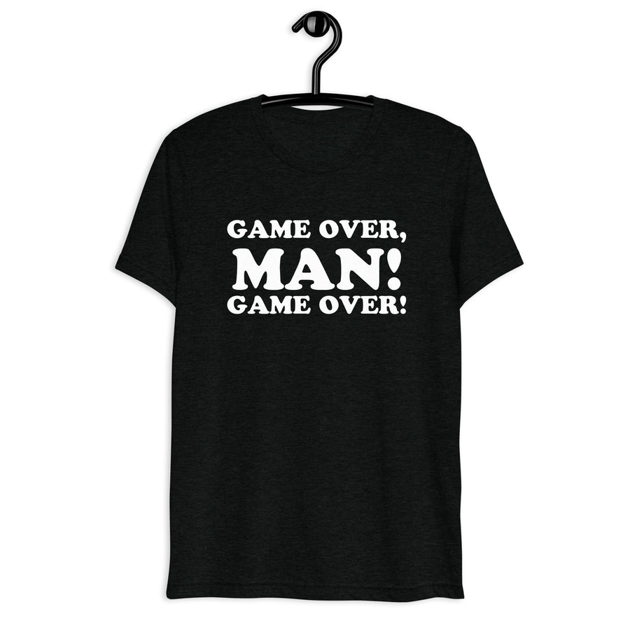 Front hanger view of black tri-blend quote shirt reading Game Over, Man! Game Over!