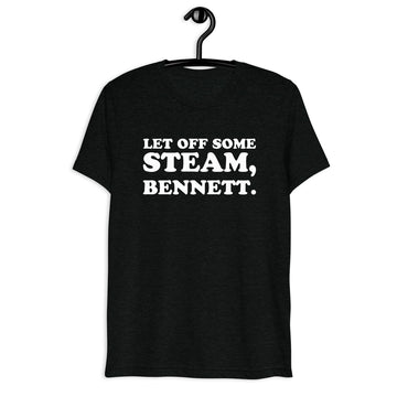 Front hanger view of black tri-blend quote shirt reading Let Off Some Steam, Bennett.