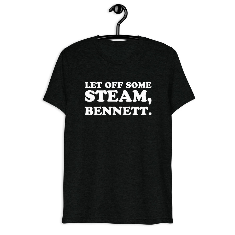 Front hanger view of black tri-blend quote shirt reading Let Off Some Steam, Bennett.