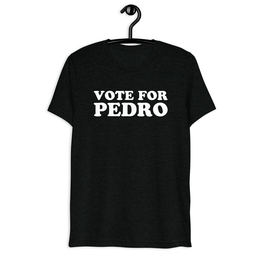 Front hanger view of black tri-blend quote shirt reading Vote for Pedro
