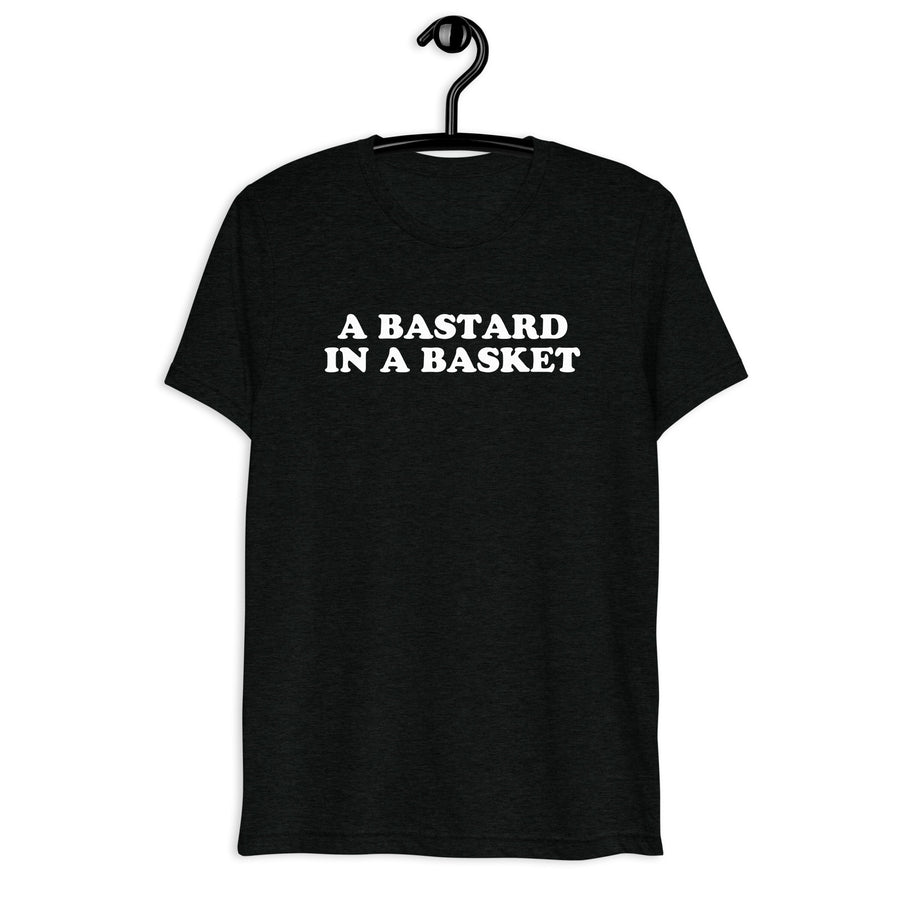 Black tri-blend A Bastard in a Basket quote t-shirt front hanger mockup