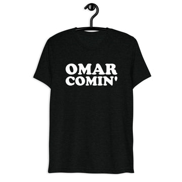 Front hanger mockup of the black tri-blend Omar Comin' quote T-shirt