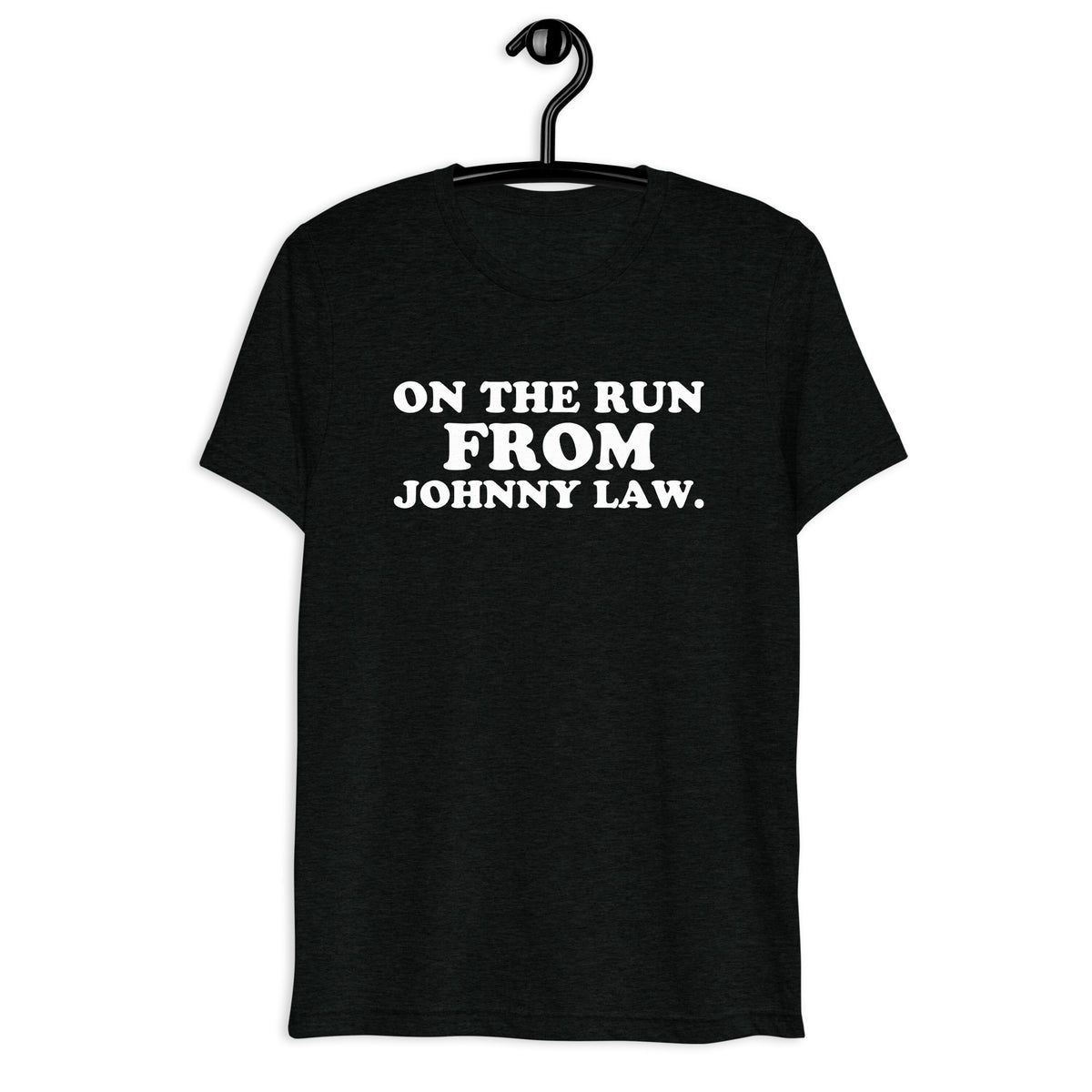 Front hanger view of black tri-blend quote shirt reading Anybody Interested in Grabbing a Couple Burgers and Hittin' the Cemetery?