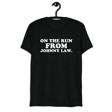 Front hanger view of black tri-blend quote shirt reading Anybody Interested in Grabbing a Couple Burgers and Hittin' the Cemetery?