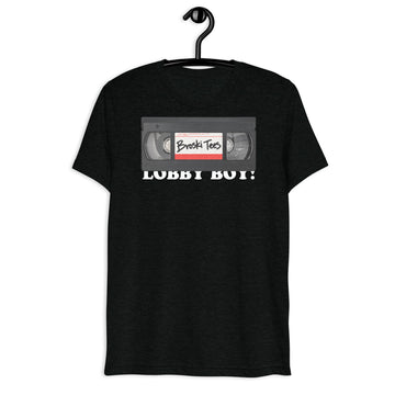Front hanger view of black tri-blend quote shirt reading Get Your Hands Off My Lobby Boy!
