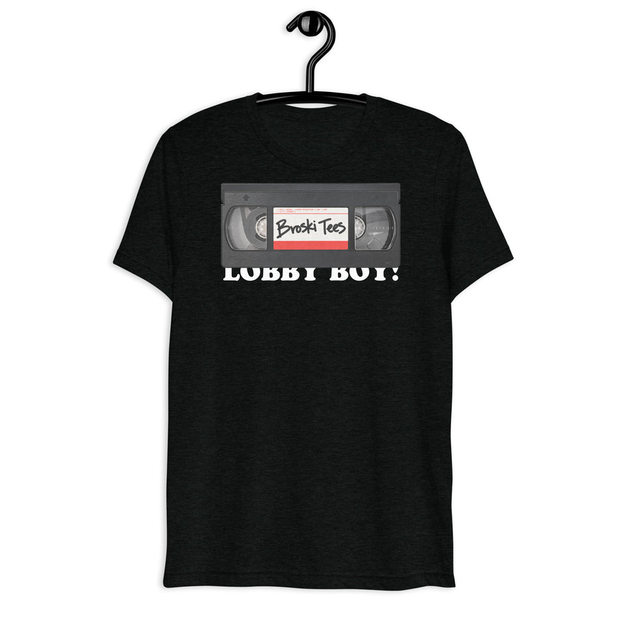 Front hanger view of black tri-blend quote shirt reading Get Your Hands Off My Lobby Boy!