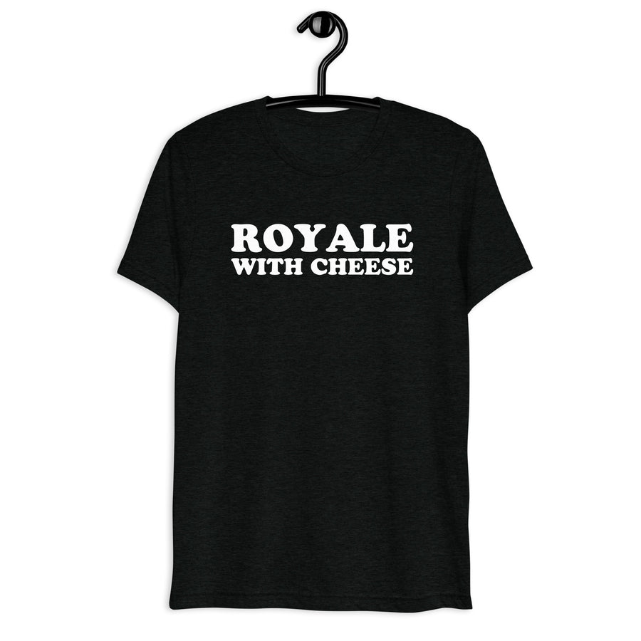 Front hanger view of black tri-blend quote shirt reading Royale with Cheese