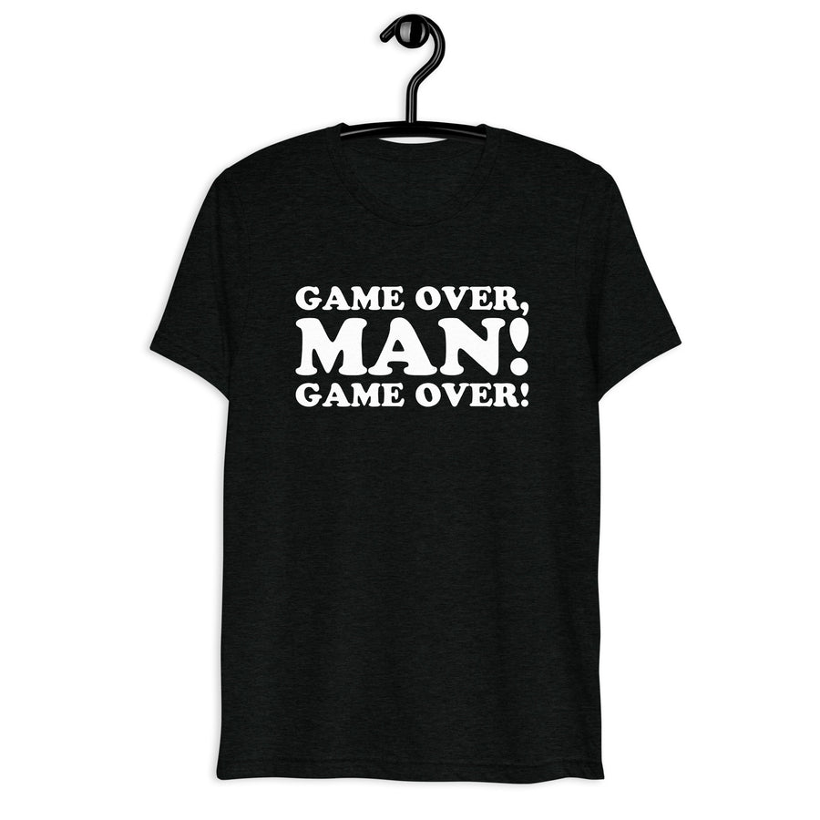 Front hanger view of black tri-blend quote shirt reading Game Over, Man! Game Over!
