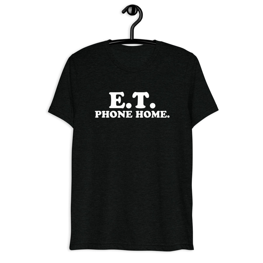 Front hanger view of black tri-blend quote shirt reading E.T. Phone Home.