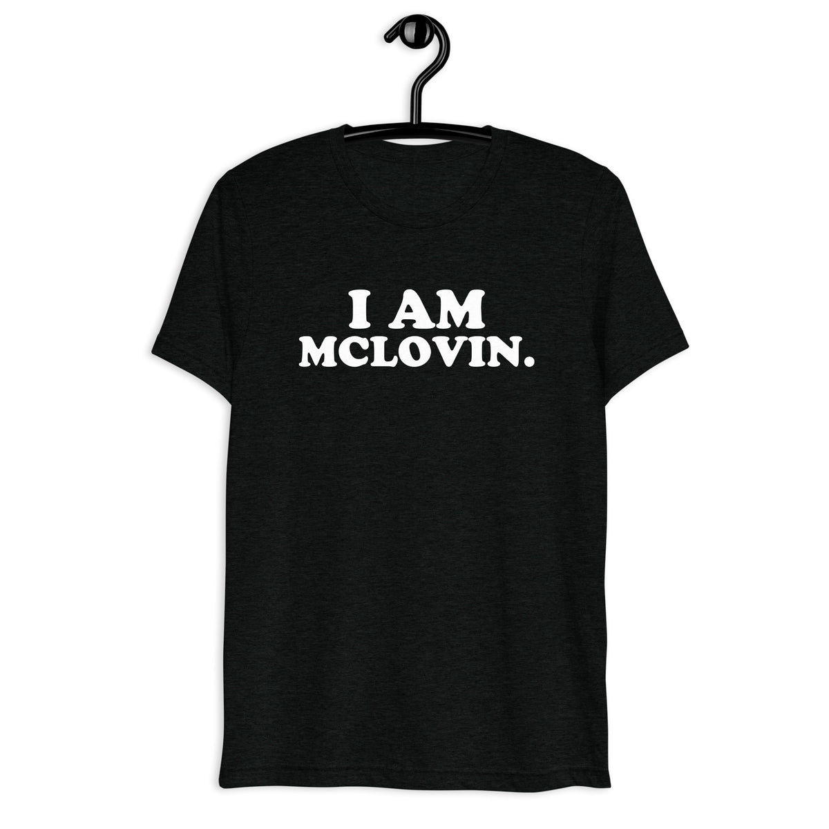 Front hanger view of black tri-blend quote shirt reading I Am McLovin.