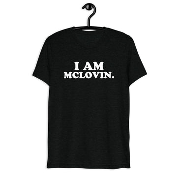Front hanger view of black tri-blend quote shirt reading I Am McLovin.