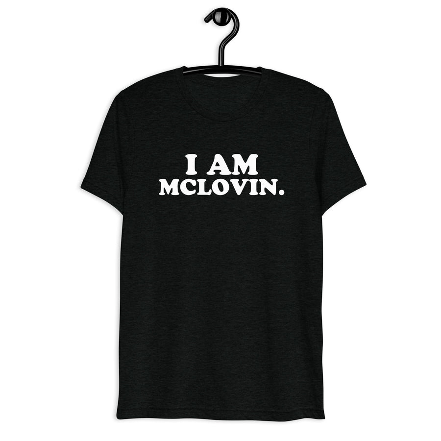 Front hanger view of black tri-blend quote shirt reading I Am McLovin.