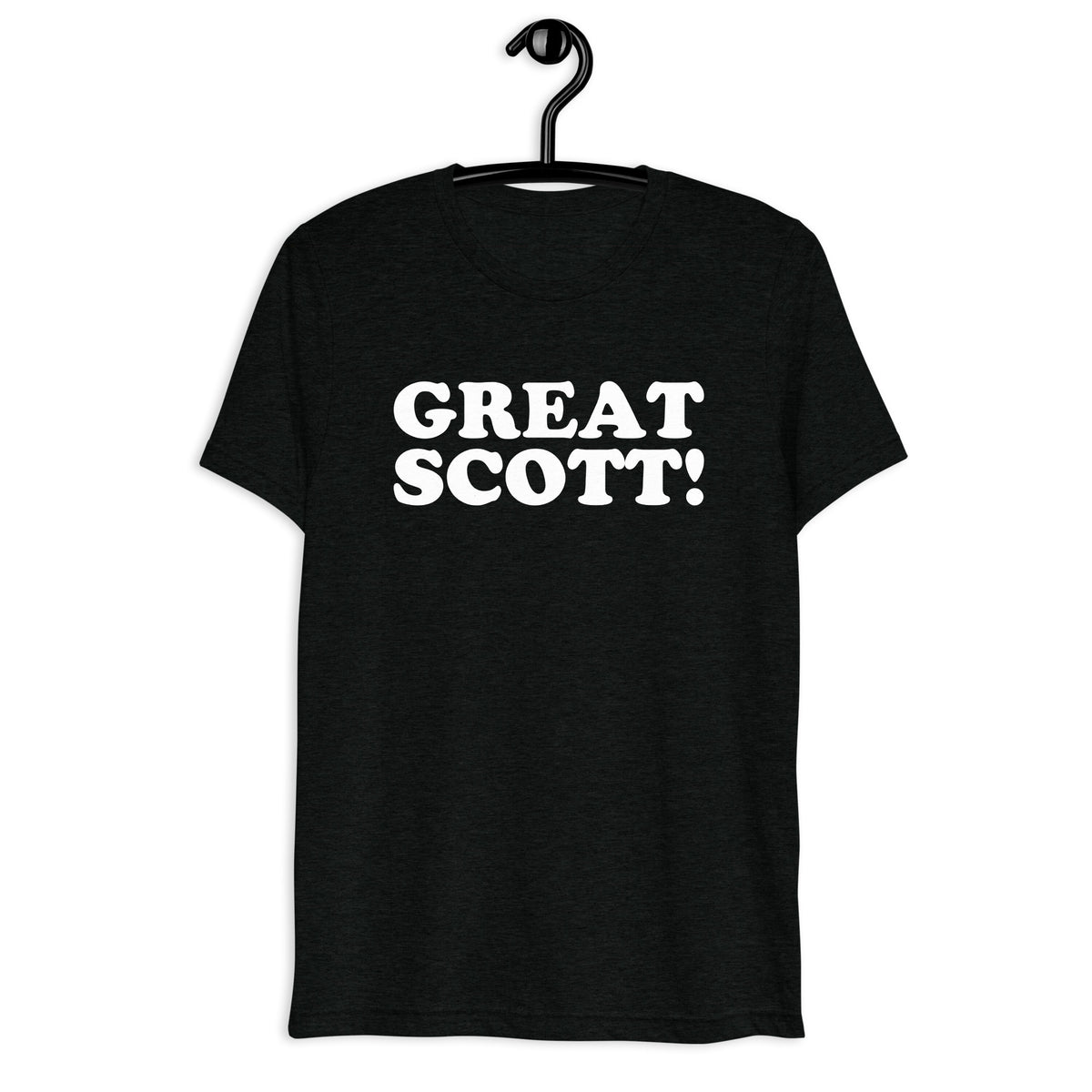 Great Scott! Retro Movie Quote T-Shirt on black tri-blend, front hanger view