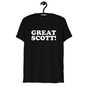 Great Scott! Retro Movie Quote T-Shirt on black tri-blend, front hanger view