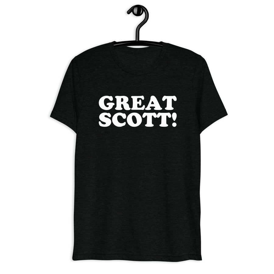 Great Scott! Retro Movie Quote T-Shirt on black tri-blend, front hanger view
