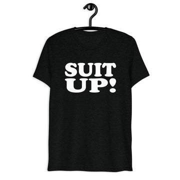 Suit Up! Retro Sitcom Quote T-Shirt on black tri-blend, front hanger view