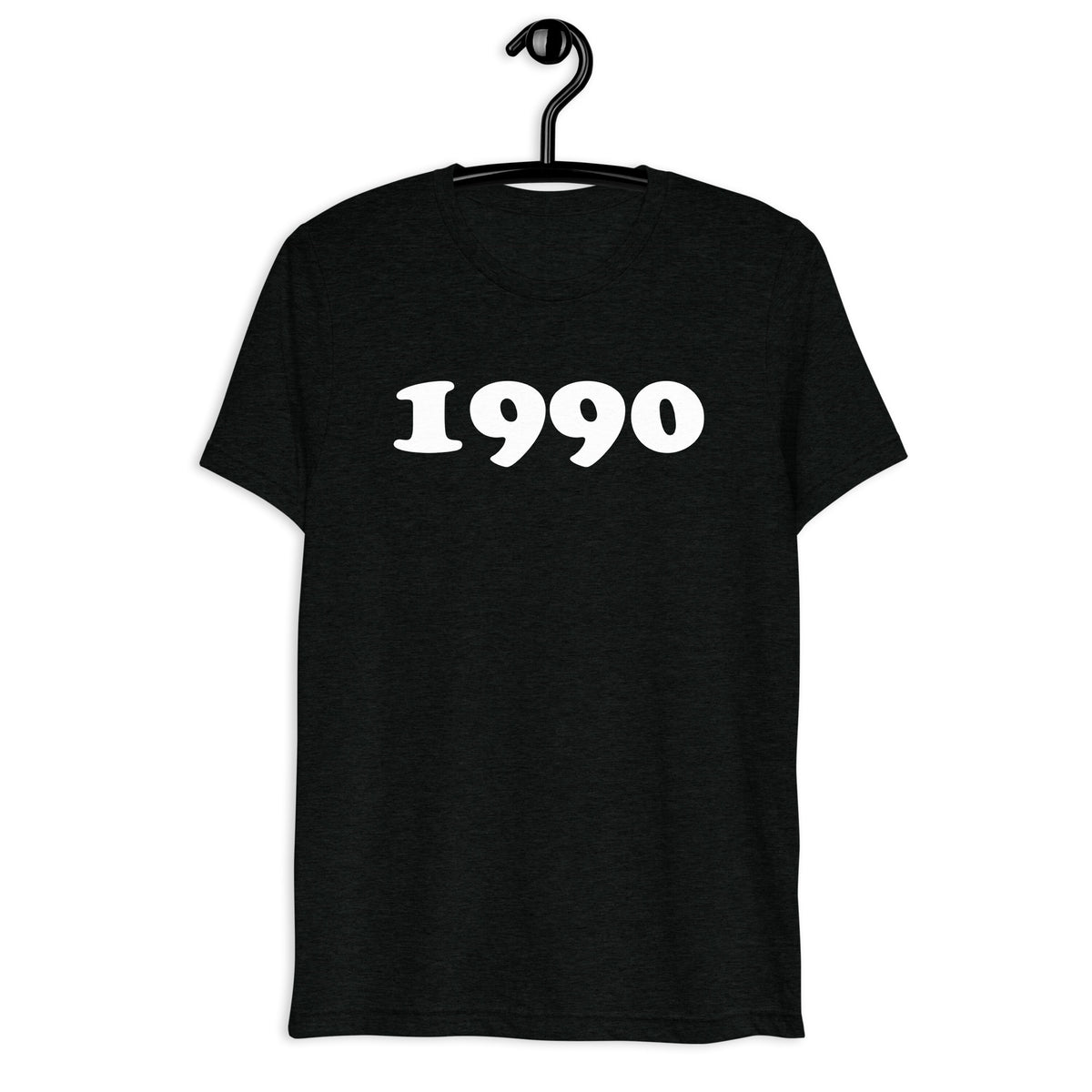 Front hanger view of black tri-blend 1990 Retro Year T-Shirt