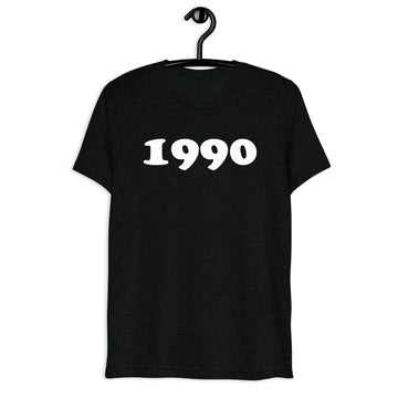 Front hanger view of black tri-blend 1990 Retro Year T-Shirt