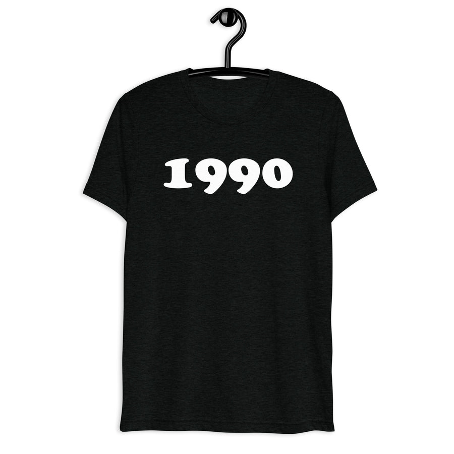 Front hanger view of black tri-blend 1990 Retro Year T-Shirt