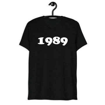 Front hanger view of black tri-blend 1989 Retro Year T-Shirt