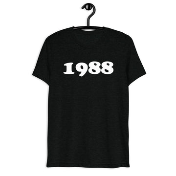 Front hanger view of black tri-blend 1988 Retro Year T-Shirt