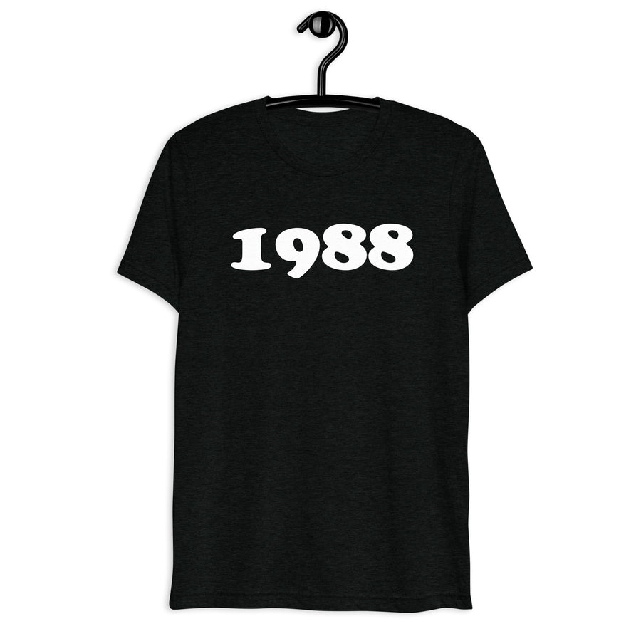 Front hanger view of black tri-blend 1988 Retro Year T-Shirt