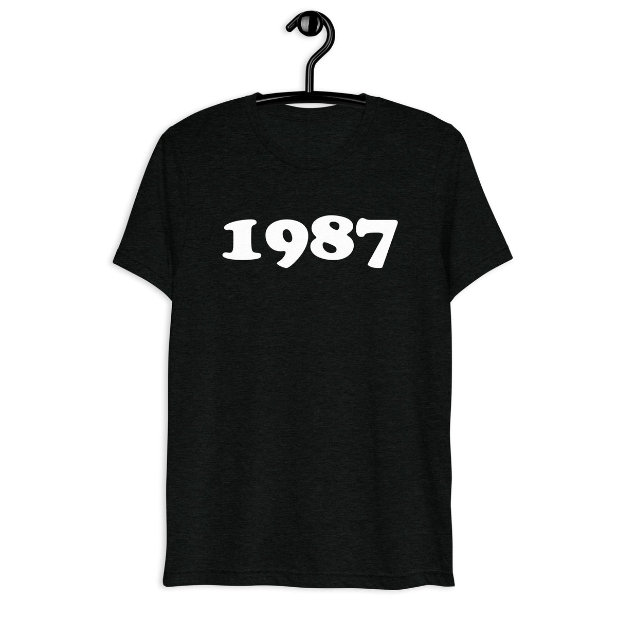 Front hanger view of black tri-blend 1987 Retro Year T-Shirt