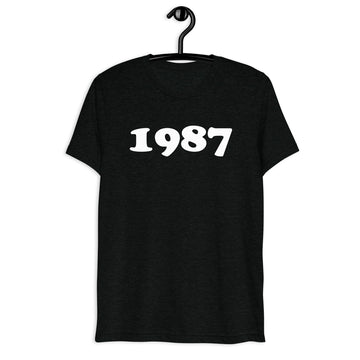 Front hanger view of black tri-blend 1987 Retro Year T-Shirt