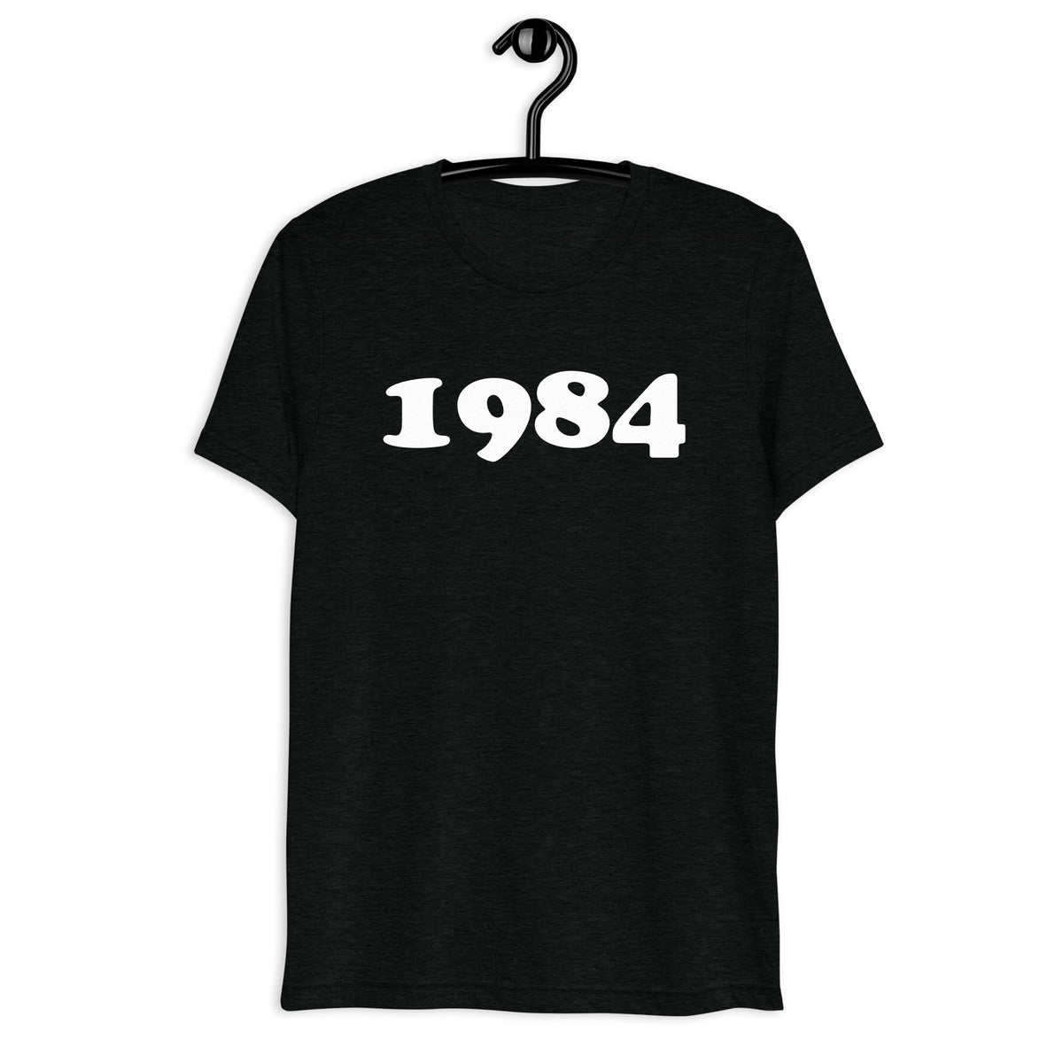 Front hanger view of black tri-blend 1984 Retro Year T-Shirt