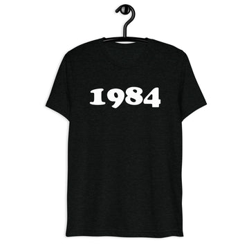 Front hanger view of black tri-blend 1984 Retro Year T-Shirt