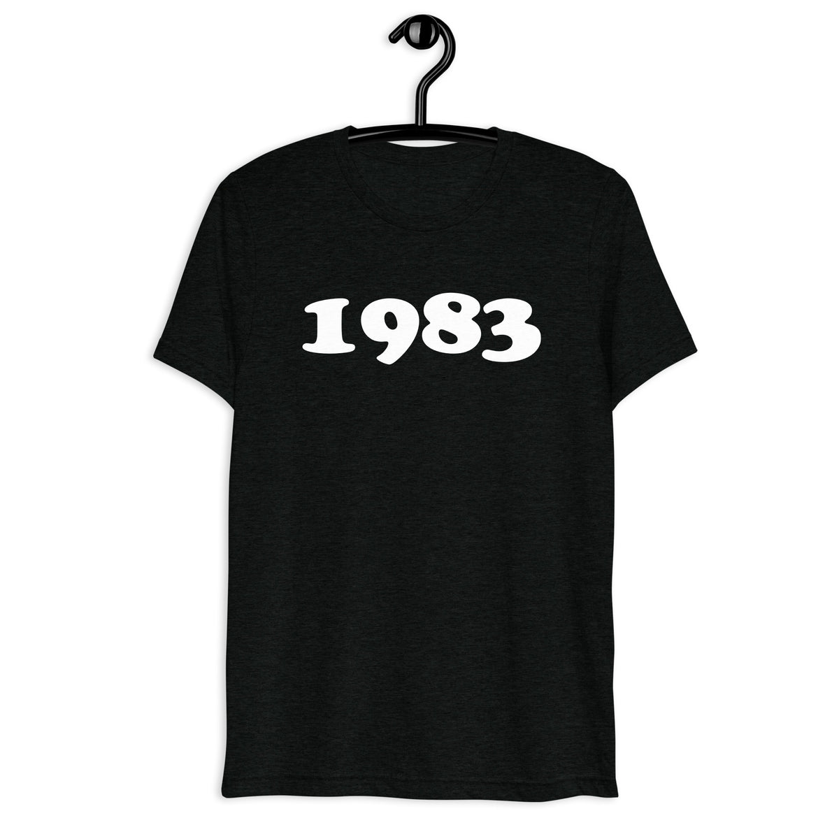 Front hanger view of black tri-blend 1983 Retro Year T-Shirt