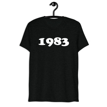 Front hanger view of black tri-blend 1983 Retro Year T-Shirt