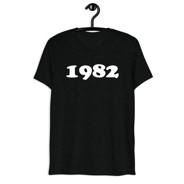 Front hanger view of black tri-blend 1982 Retro Year T-Shirt