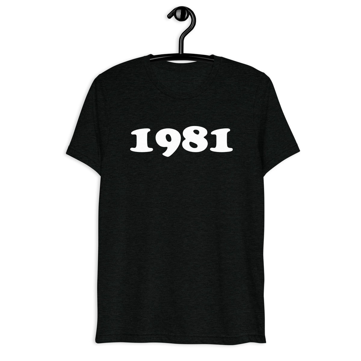 Front hanger view of black tri-blend 1981 Retro Year T-Shirt