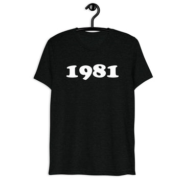 Front hanger view of black tri-blend 1981 Retro Year T-Shirt