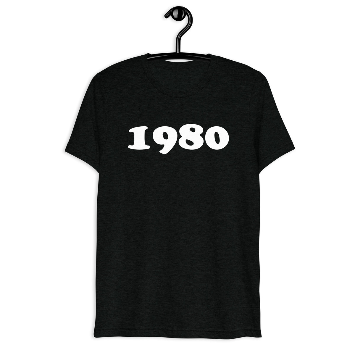 Front hanger view of black tri-blend 1980 Retro Year T-Shirt