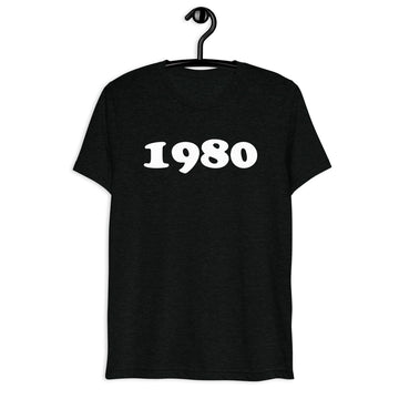 Front hanger view of black tri-blend 1980 Retro Year T-Shirt