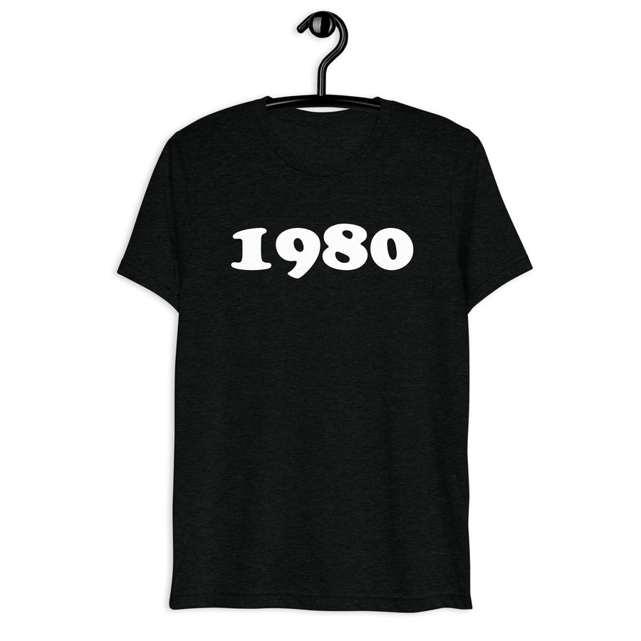 Front hanger view of black tri-blend 1980 Retro Year T-Shirt