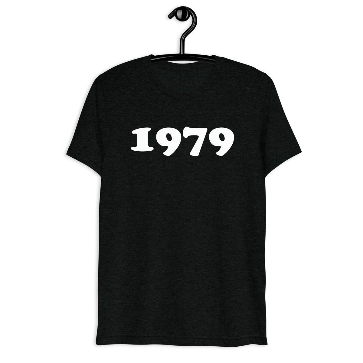Front hanger view of black tri-blend 1979 Retro Year T-Shirt